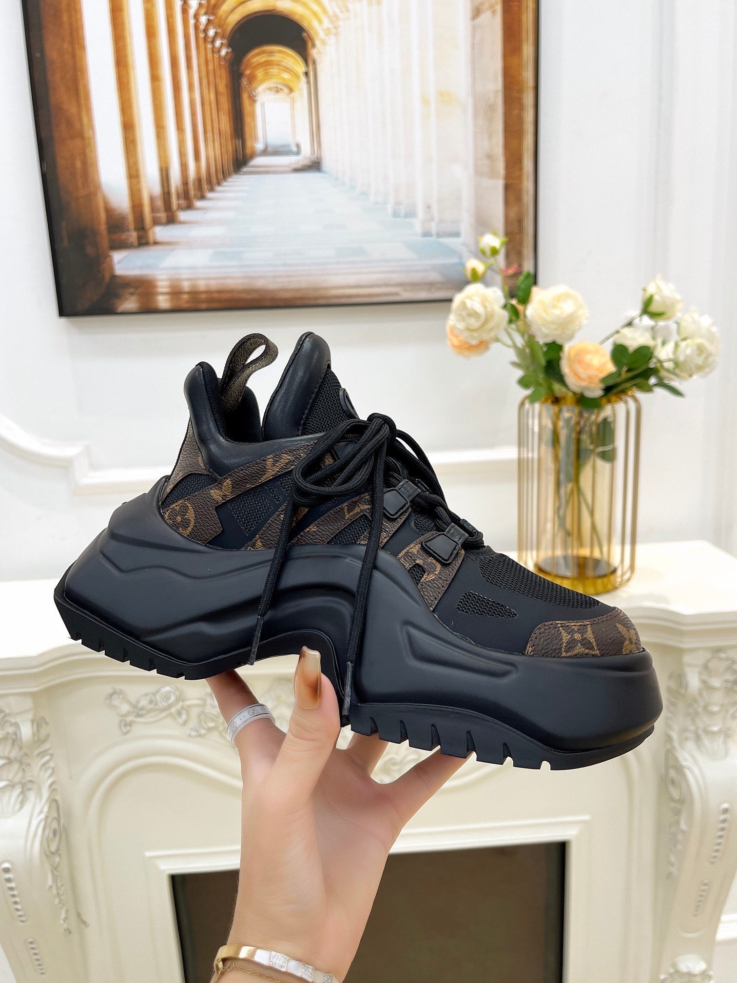 LOUIS VUITTON LV ARCHLIGHT 2.0 PLATFORM SNEAKER IN BLACK MIX CHOCOLATE BROWN MIX OF MATERIALS