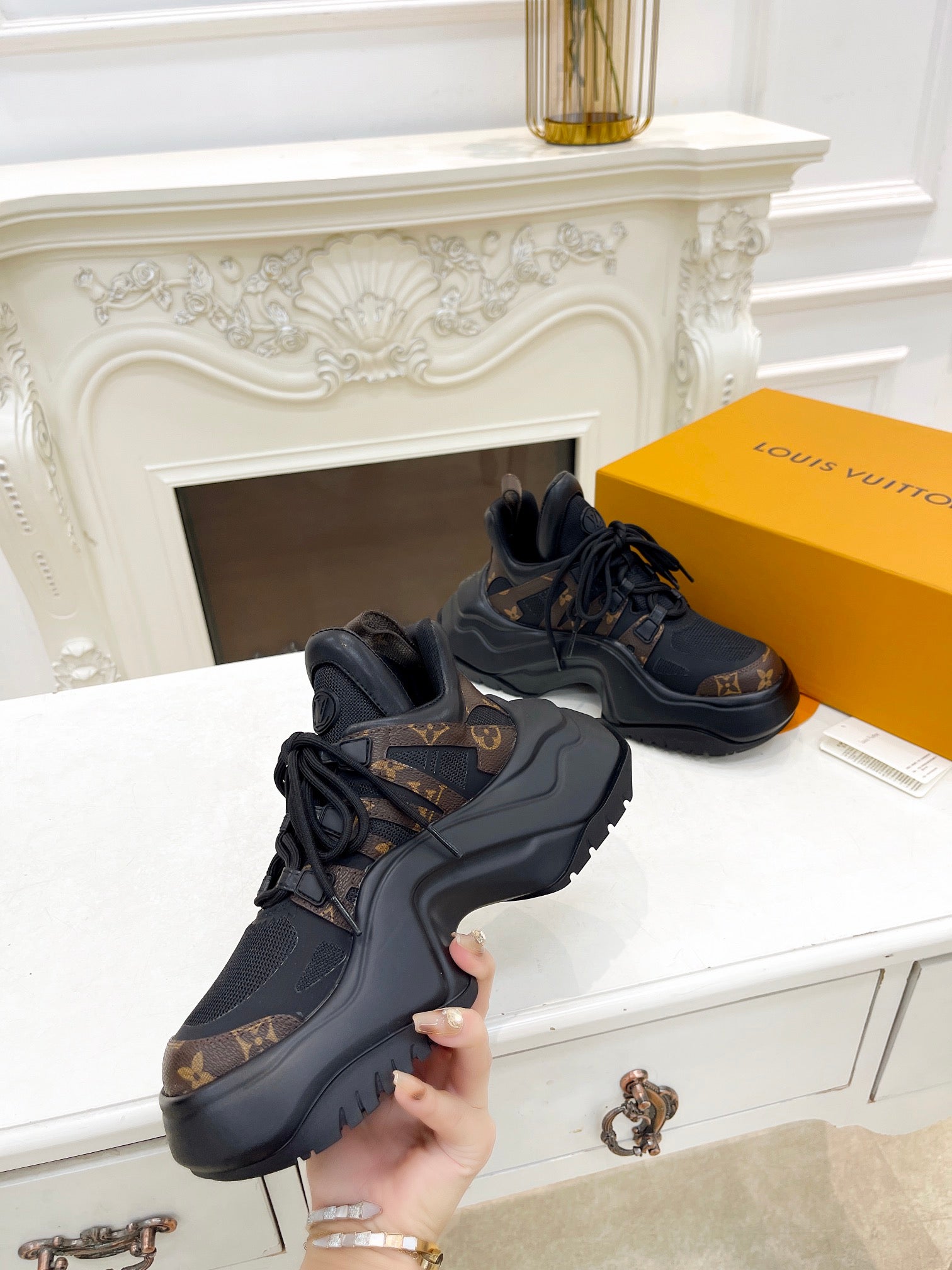 LOUIS VUITTON LV ARCHLIGHT 2.0 PLATFORM SNEAKER IN BLACK MIX CHOCOLATE BROWN MIX OF MATERIALS