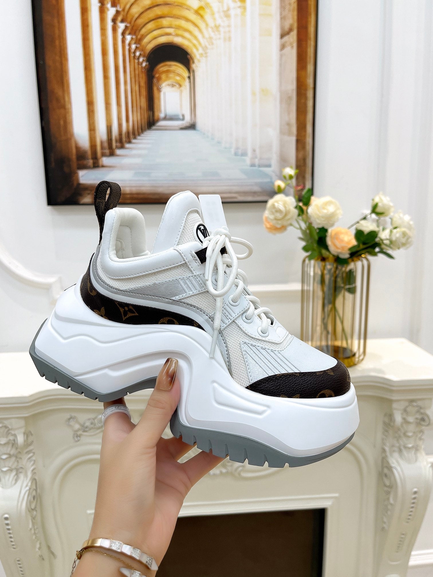 LOUIS VUITTON LV ARCHLIGHT 2.0 PLATFORM SNEAKER IN WHITE MIX BROWN MIX OF MATERIALS