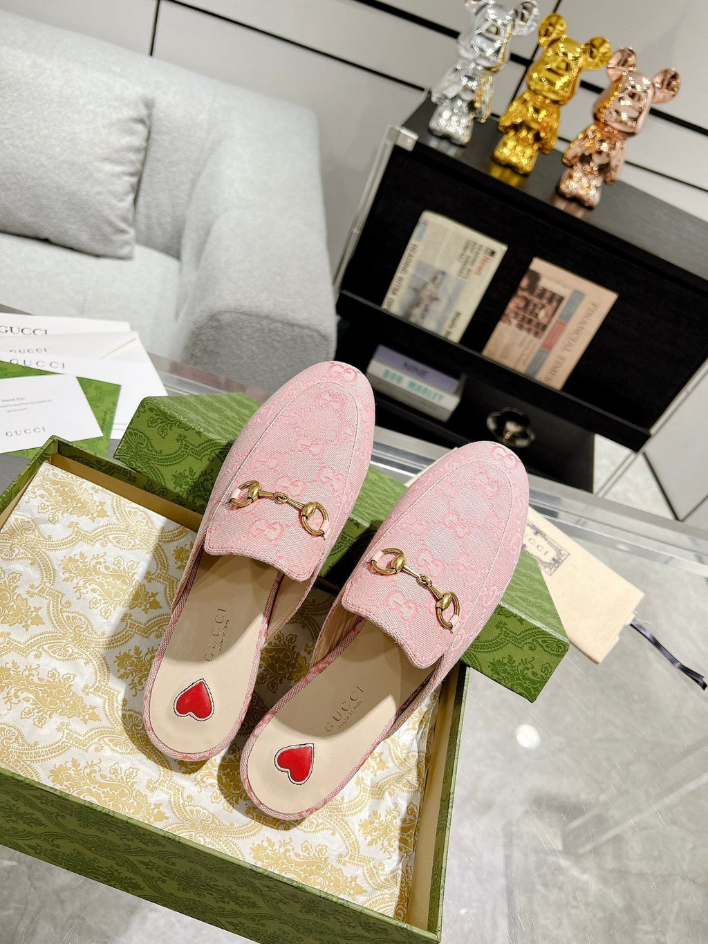 GUCCI MEN'S MULE WITH HORSEBIT IN PINK PASTEL MONOGRAM JACQUARD FABRIC