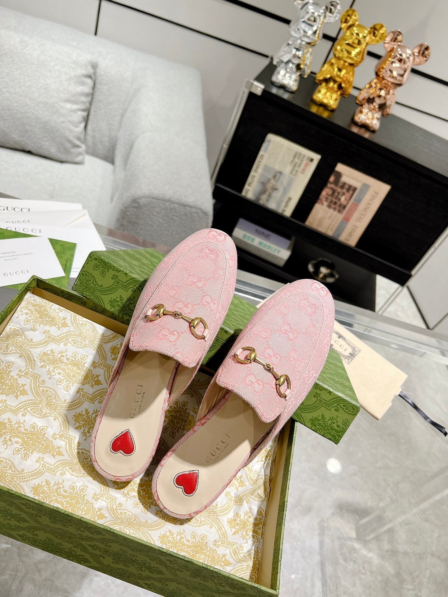 GUCCI MEN'S MULE WITH HORSEBIT IN PINK PASTEL MONOGRAM JACQUARD FABRIC