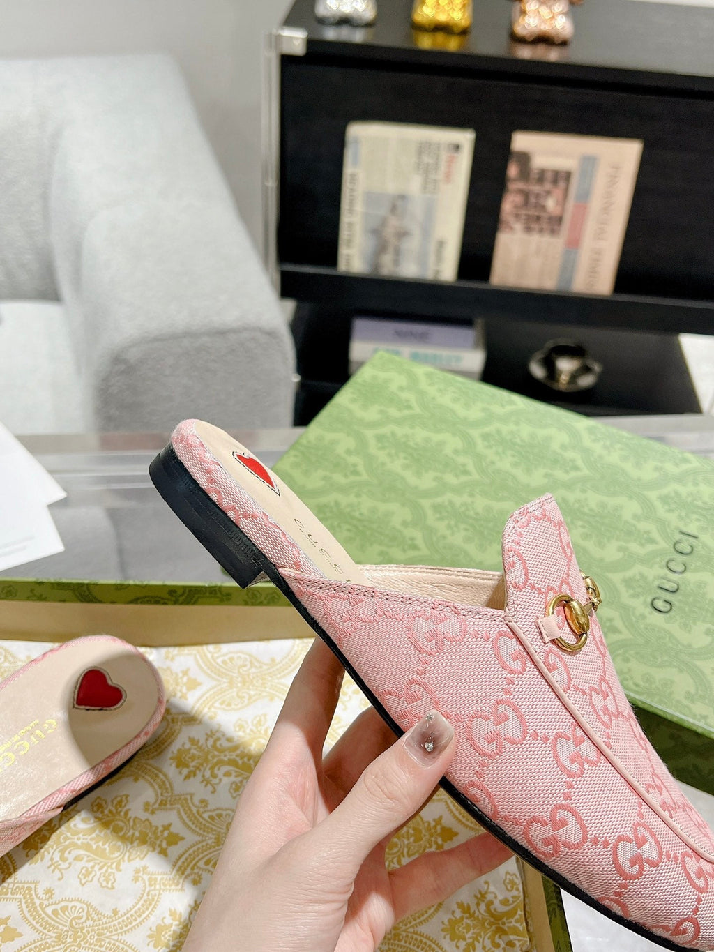 GUCCI MEN'S MULE WITH HORSEBIT IN PINK PASTEL MONOGRAM JACQUARD FABRIC