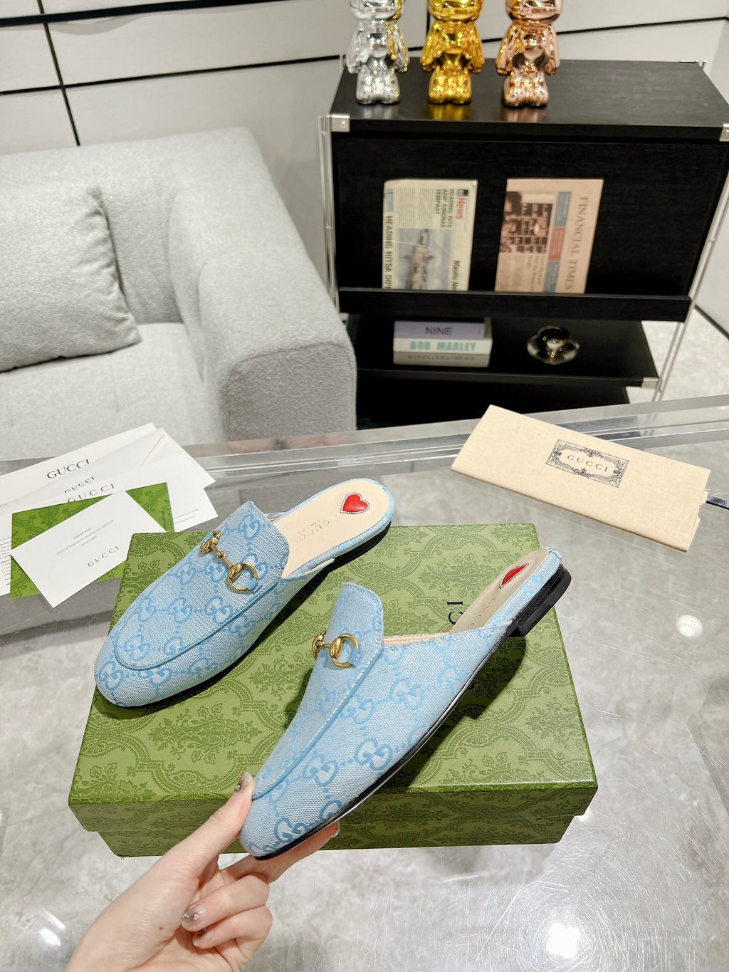 GUCCI MEN'S MULE WITH HORSEBIT IN LIGHT BLUE MONOGRAM JACQUARD FABRIC