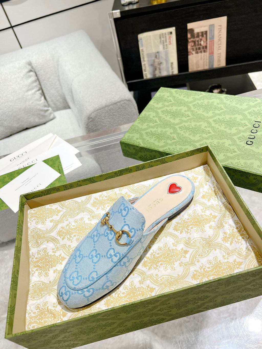 GUCCI MEN'S MULE WITH HORSEBIT IN LIGHT BLUE MONOGRAM JACQUARD FABRIC