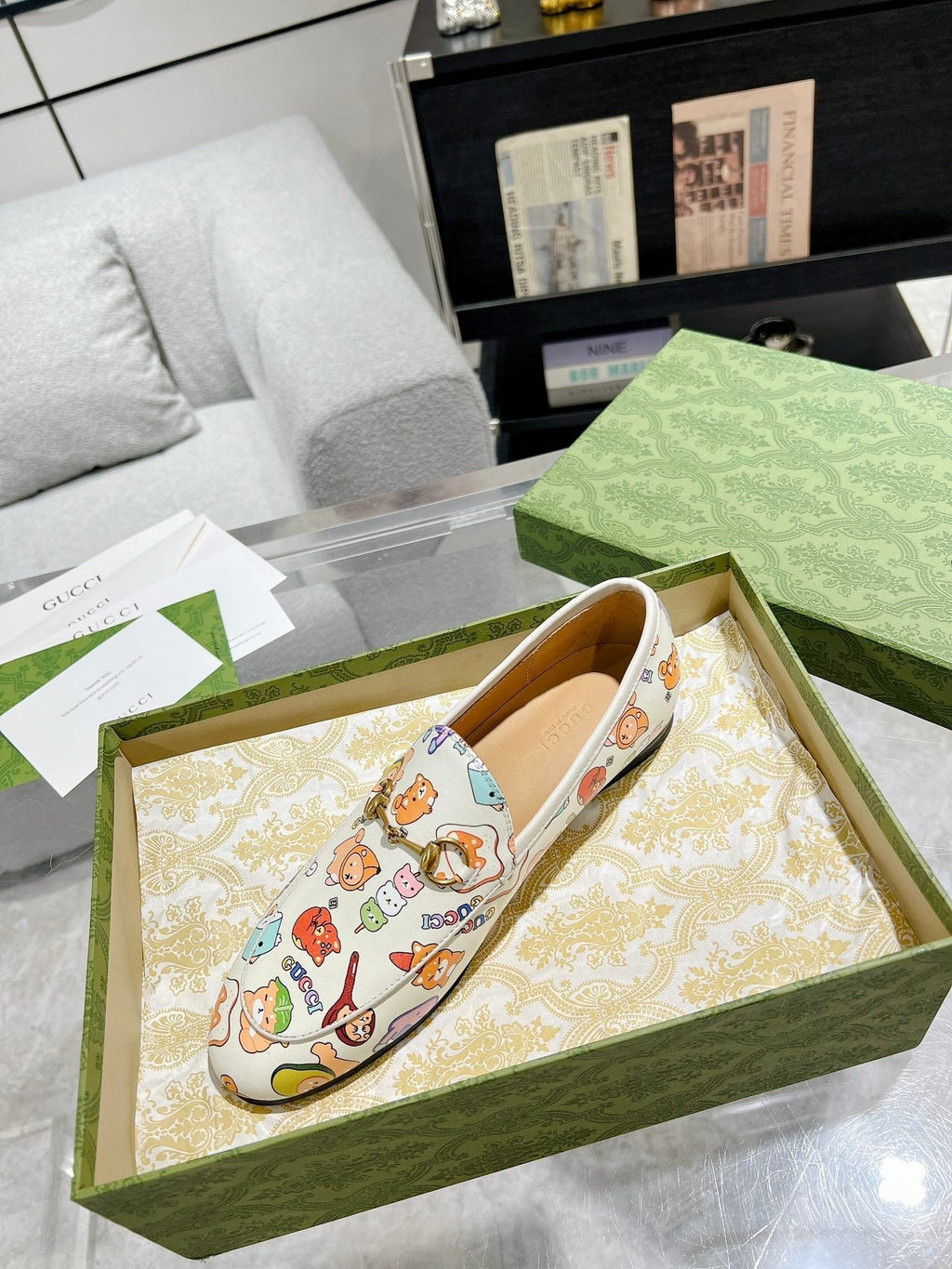 GUCCI HORSEBIT LOAFER WITH CUTE ANIMAL PRINT IN WHITE CALFSKIN
