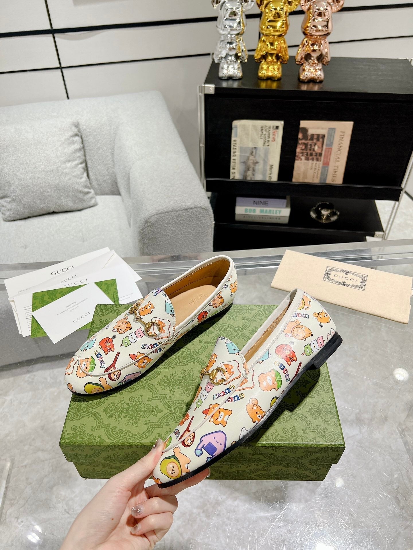 GUCCI HORSEBIT LOAFER WITH CUTE ANIMAL PRINT IN WHITE CALFSKIN