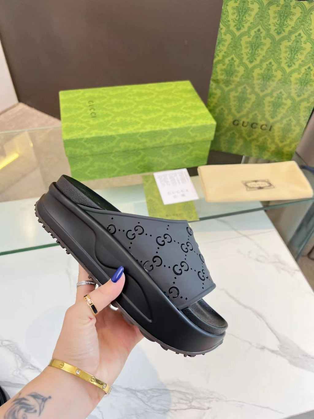GUCCI PLATFORM SANDALS IN BLACK MONOGRAM IMPORTED TPU
