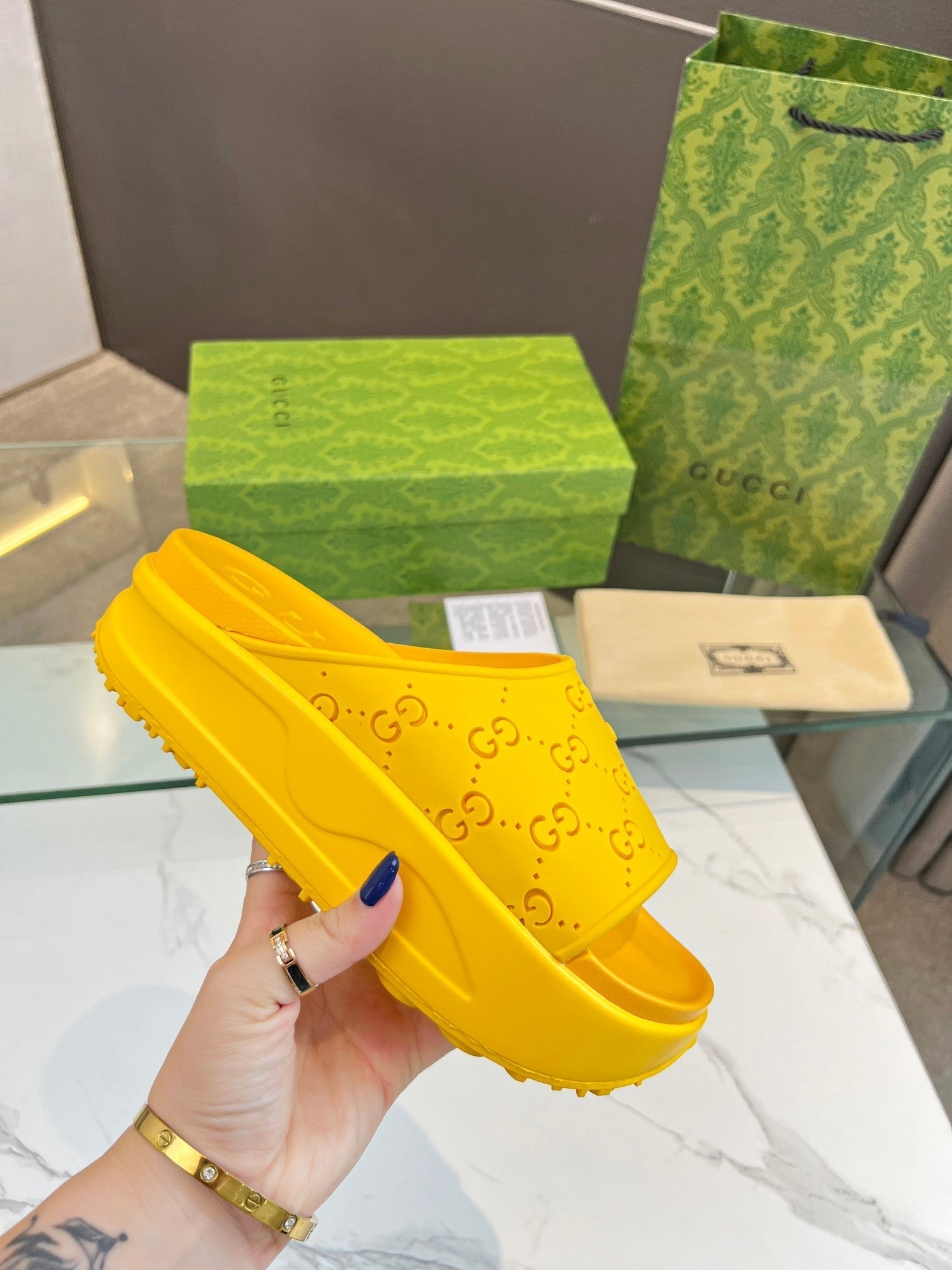 GUCCI PLATFORM SANDALS IN BRIGHT YELLOW MONOGRAM IMPORTED TPU