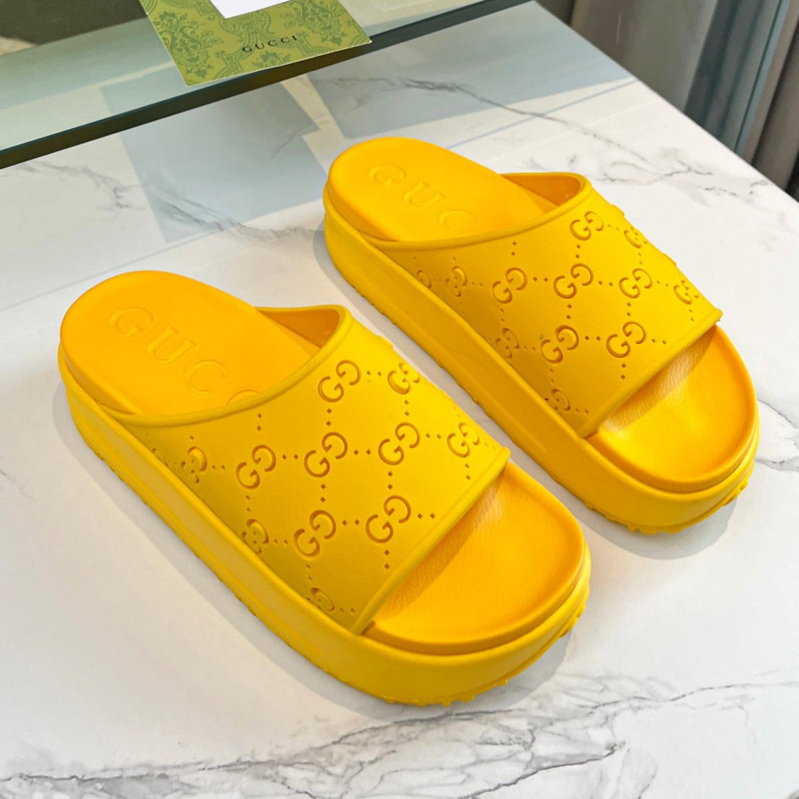 GUCCI PLATFORM SANDALS IN BRIGHT YELLOW MONOGRAM IMPORTED TPU
