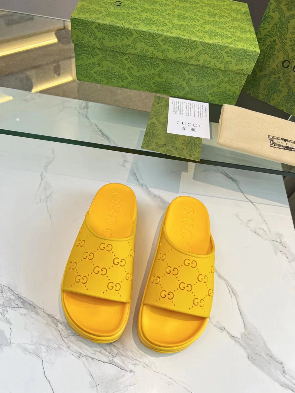 GUCCI PLATFORM SANDALS IN BRIGHT YELLOW MONOGRAM IMPORTED TPU