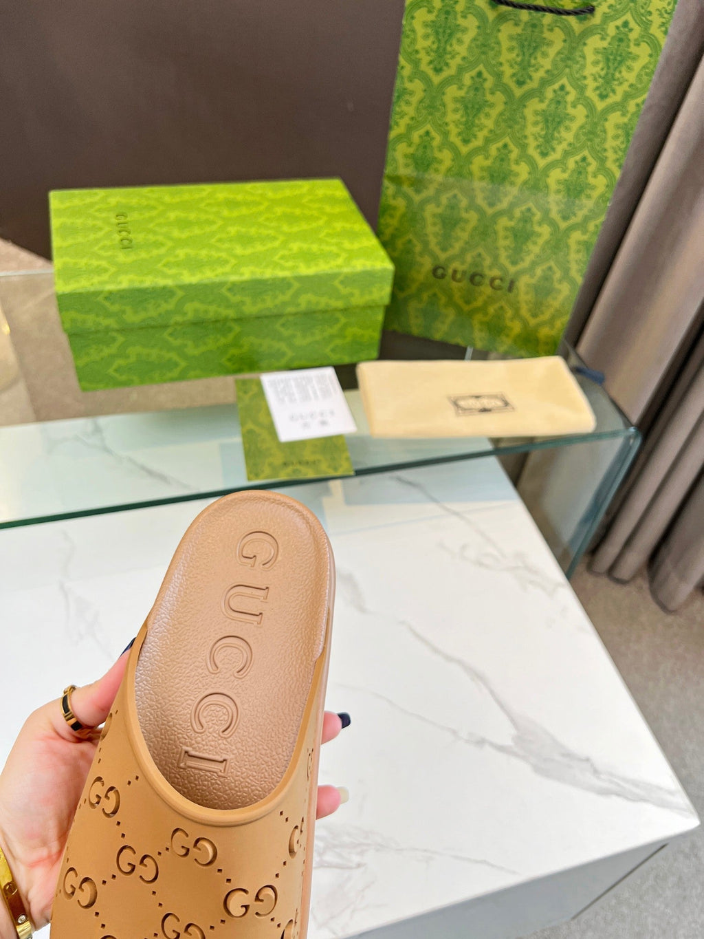 GUCCI PLATFORM SANDALS IN CINNAMON BROWN MONOGRAM IMPORTED TPU