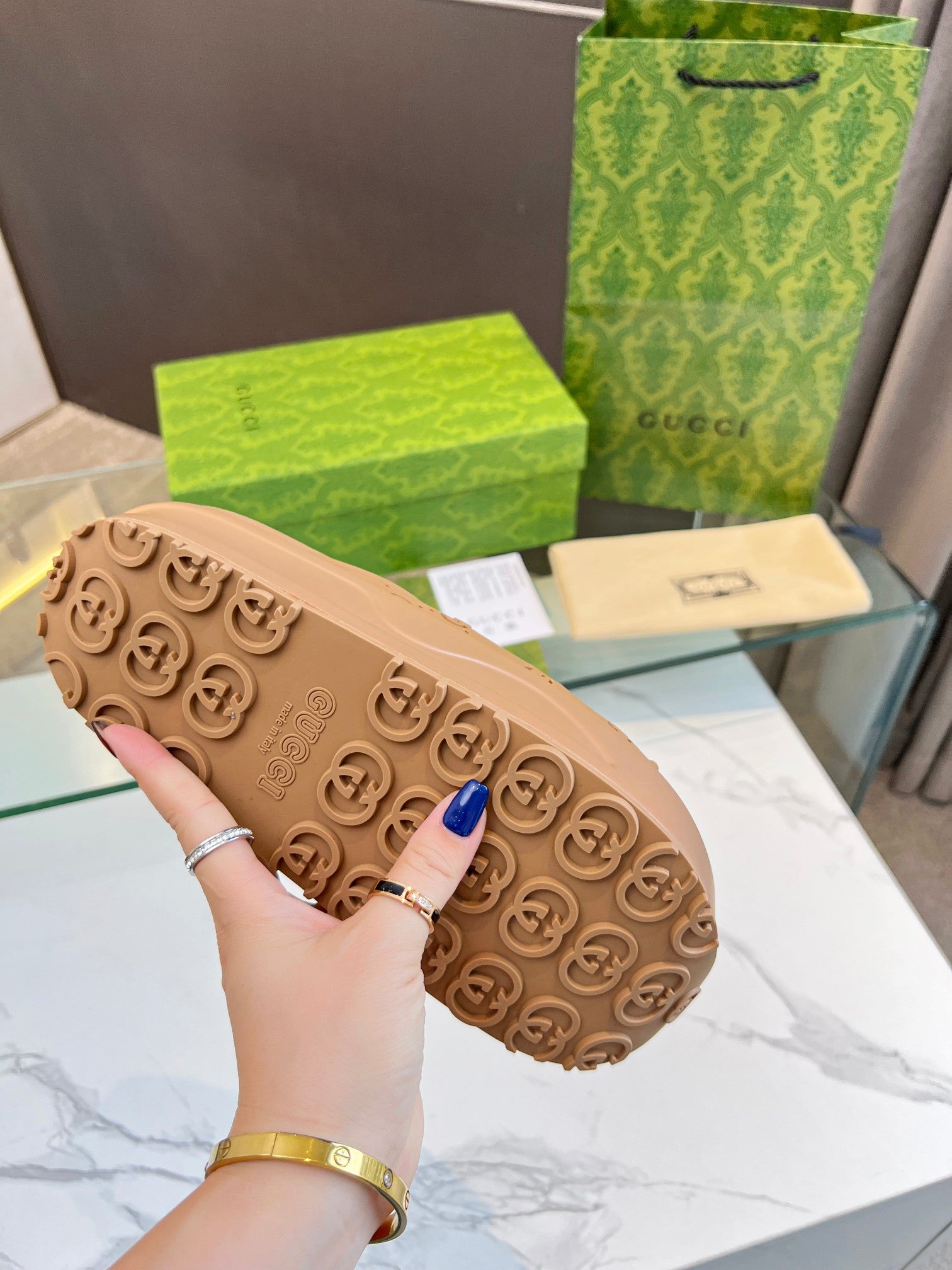 GUCCI PLATFORM SANDALS IN CINNAMON BROWN MONOGRAM IMPORTED TPU