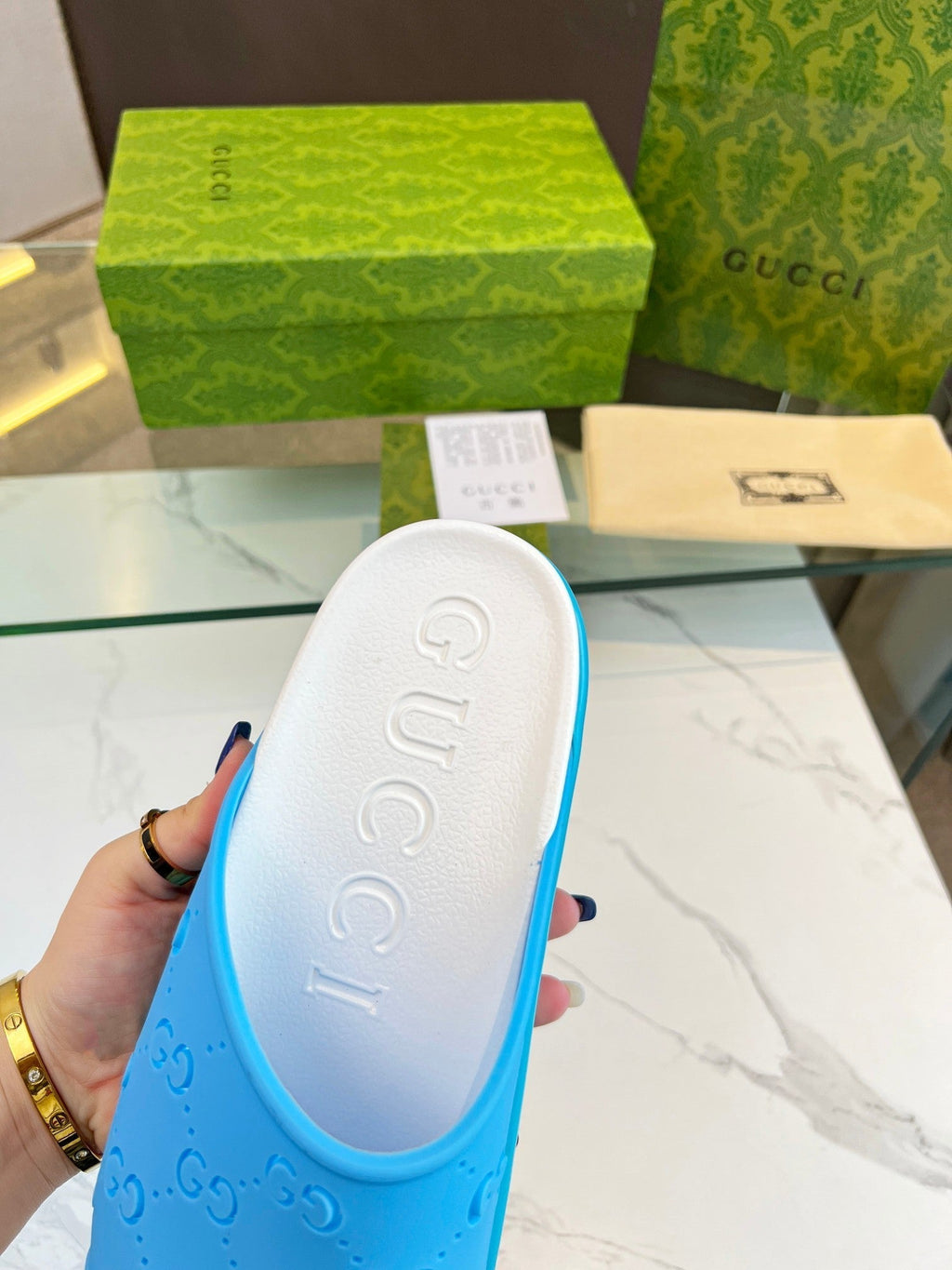 GUCCI PLATFORM SANDALS IN SKY BLUE MONOGRAM IMPORTED TPU