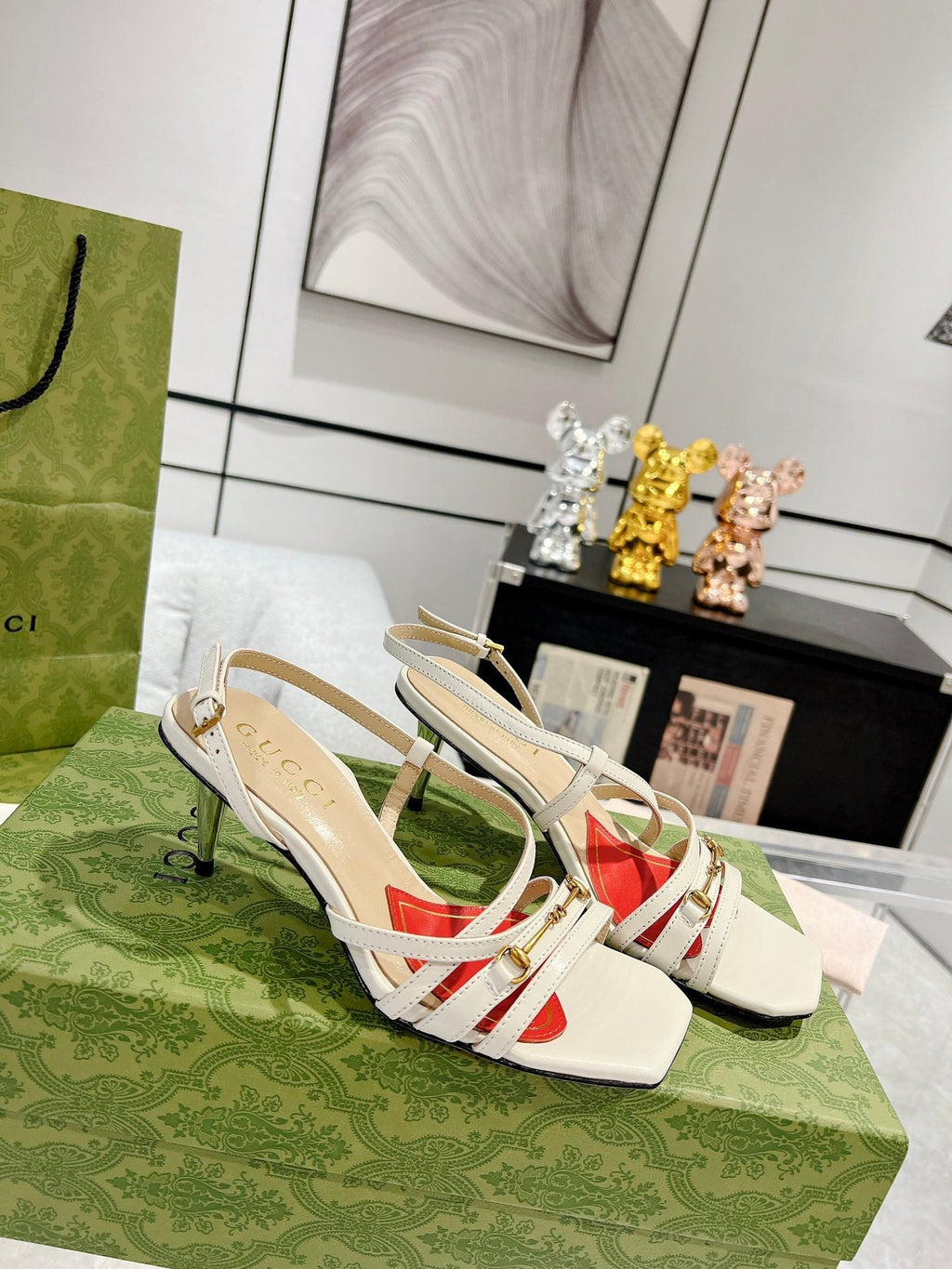 GUCCI CLASSIC STRAPPY HEEL SANDAL WHITE CALFSKIN
