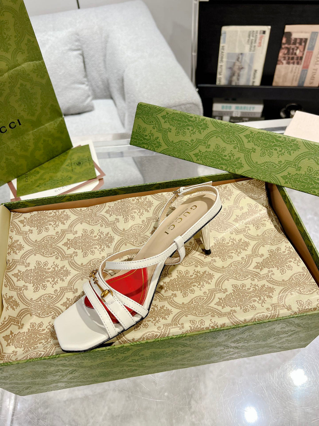 GUCCI HIGH HEEL 65MM IN WHITE CALFSKIN WITH RED HEART