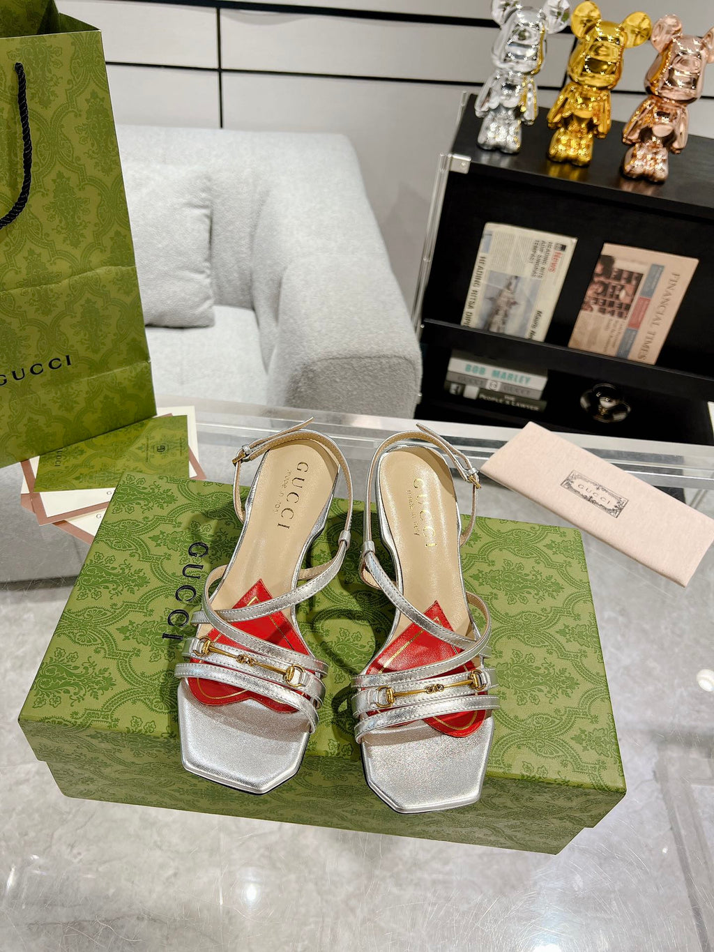 GUCCI HIGH HEEL 65MM IN SILVER CALFSKIN WITH RED HEART
