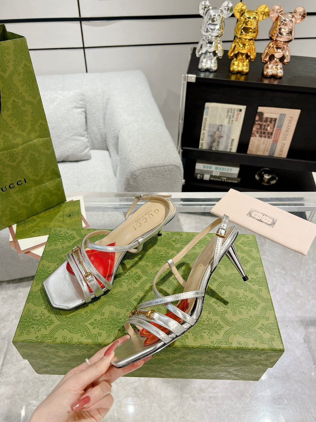 GUCCI HIGH HEEL 65MM IN SILVER CALFSKIN WITH RED HEART