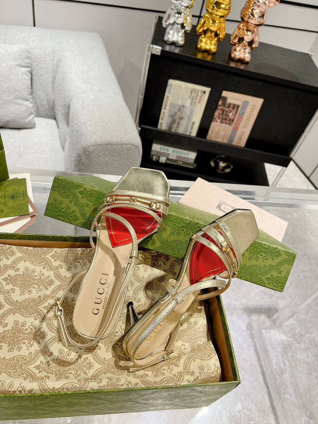 GUCCI CLASSIC STRAPPY HEEL SANDAL METALLIC GOLD CALFSKIN