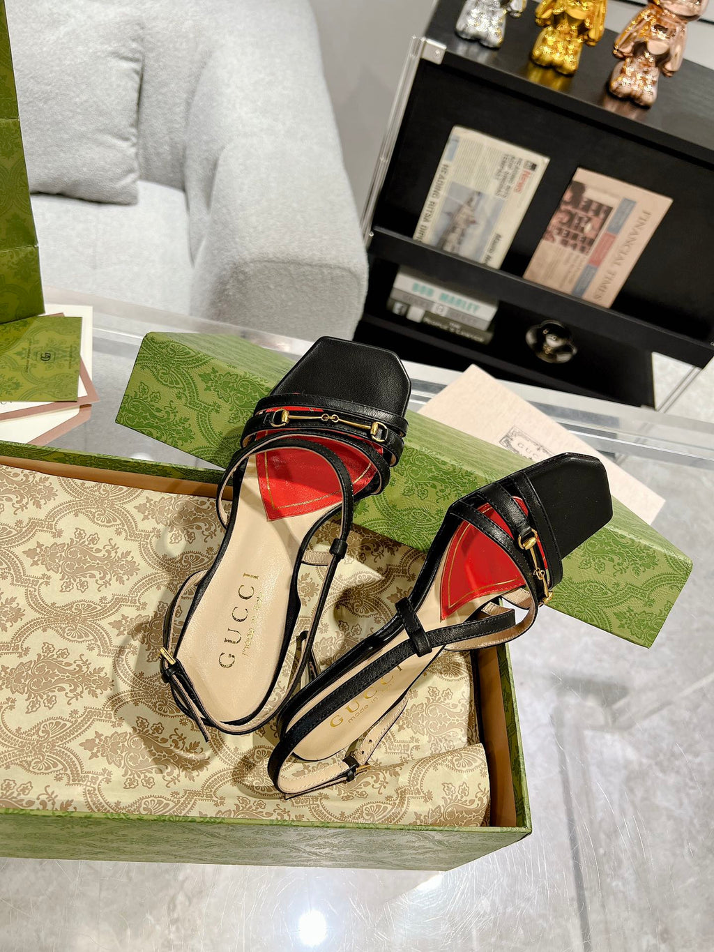 GUCCI CLASSIC STRAPPY HEEL SANDAL BLACK CALFSKIN
