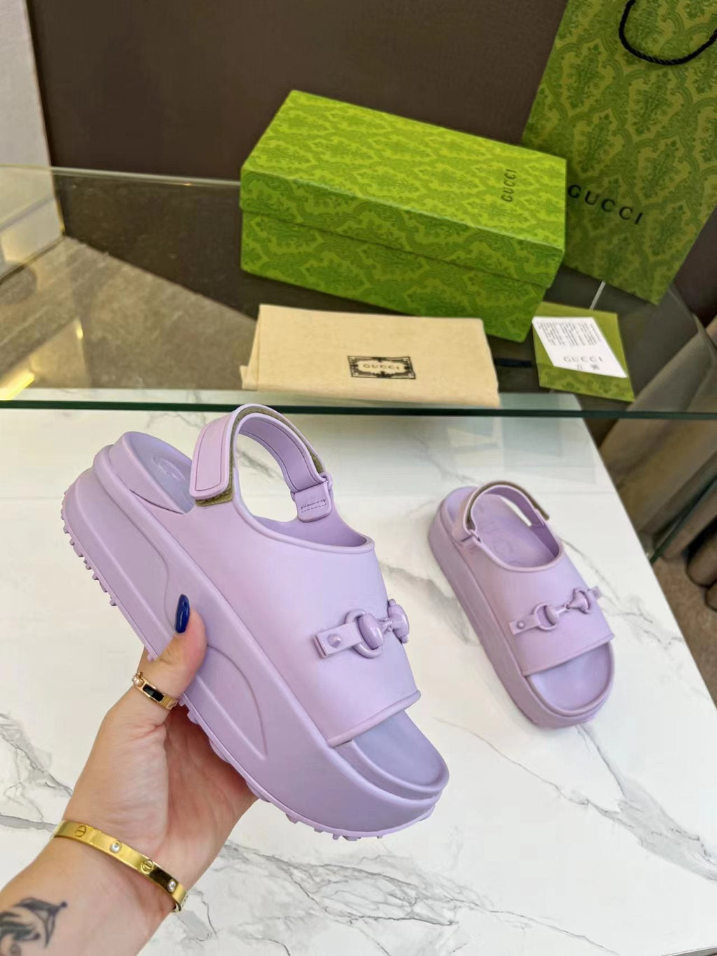 GUCCI HORSEBIT FLATFORM SANDAL 5 CM IN PASTEL PURPLE IMPORTED TPU
