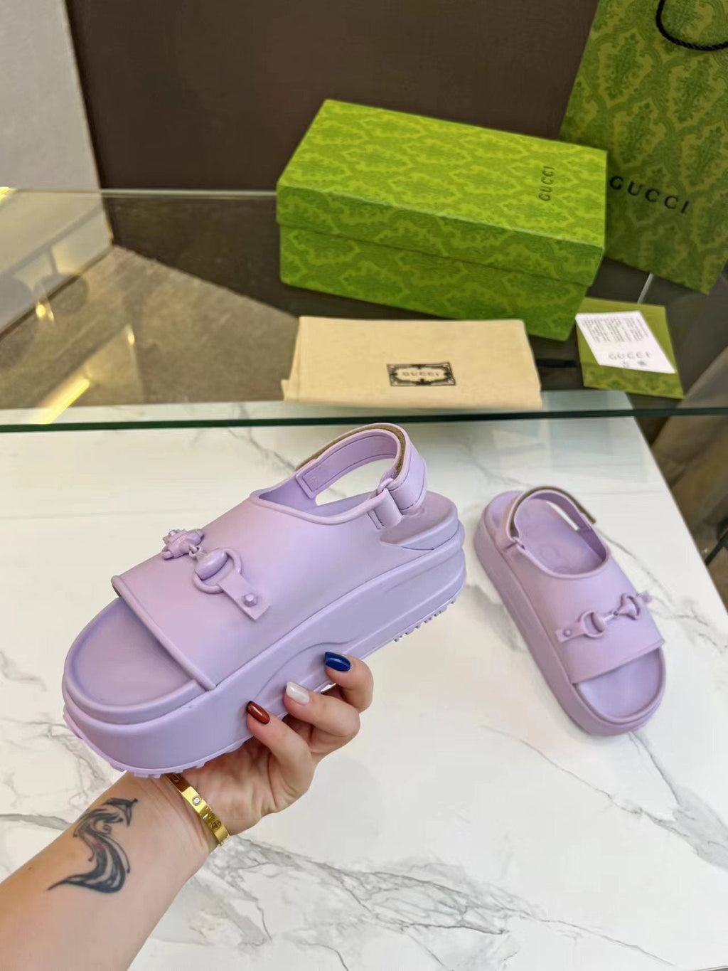 GUCCI HORSEBIT FLATFORM SANDAL 5 CM IN PASTEL PURPLE IMPORTED TPU