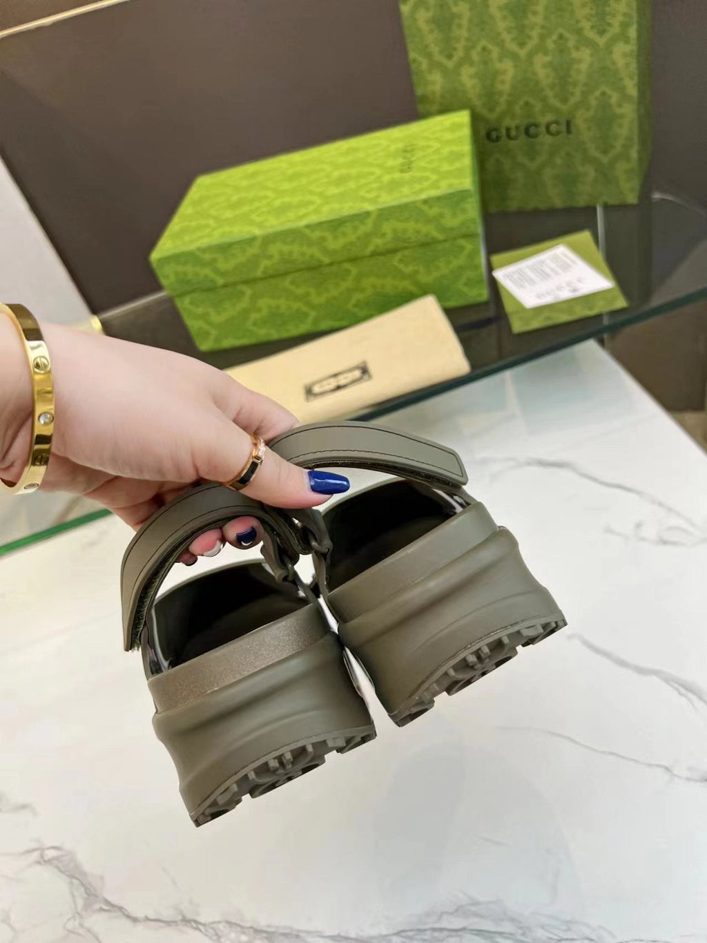 GUCCI HORSEBIT FLATFORM SANDAL 5 CM IN ARMY GREEN IMPORTED TPU