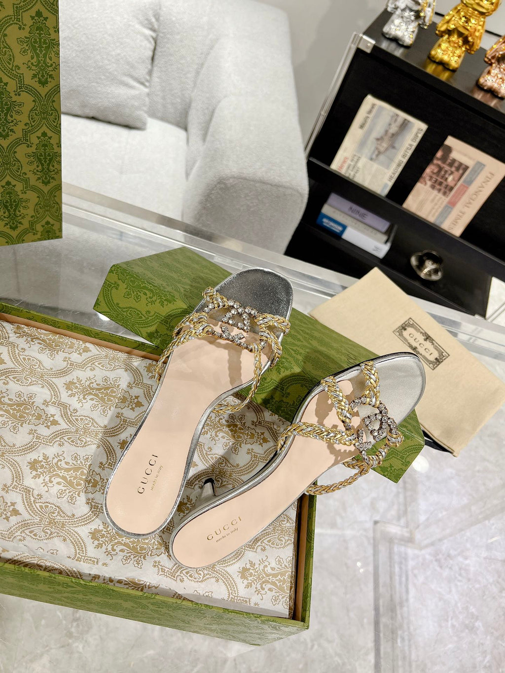 GUCCI CRYSTAL MID - HEEL SILVER CALFSKIN