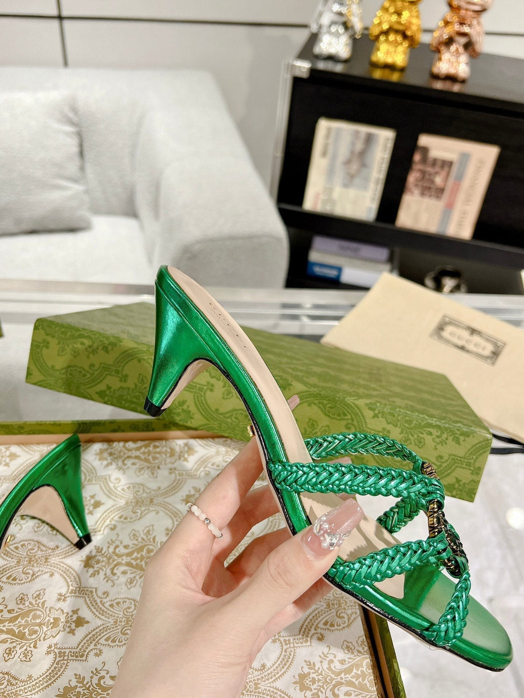 GUCCI CRYSTAL MID - HEEL JADE GREEN CALFSKIN