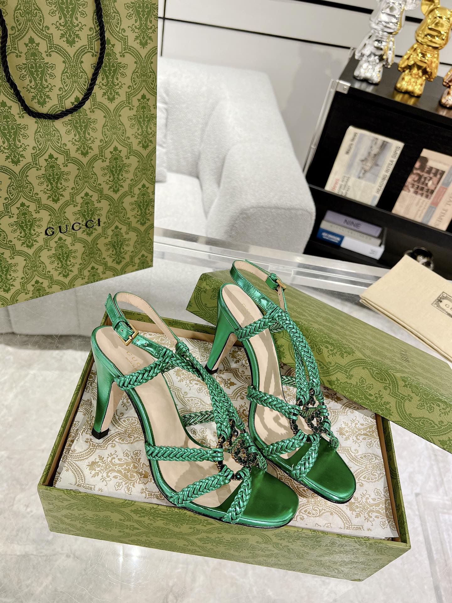 GUCCI CRYSTAL HIGH HEEL SANDAL JADE GREEN CALFSKIN SPECIAL