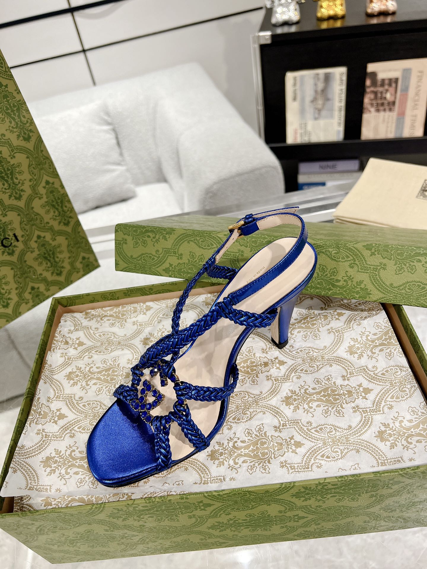 GUCCI CRYSTAL HIGH HEEL SANDAL AZURE CALFSKIN SPECIAL