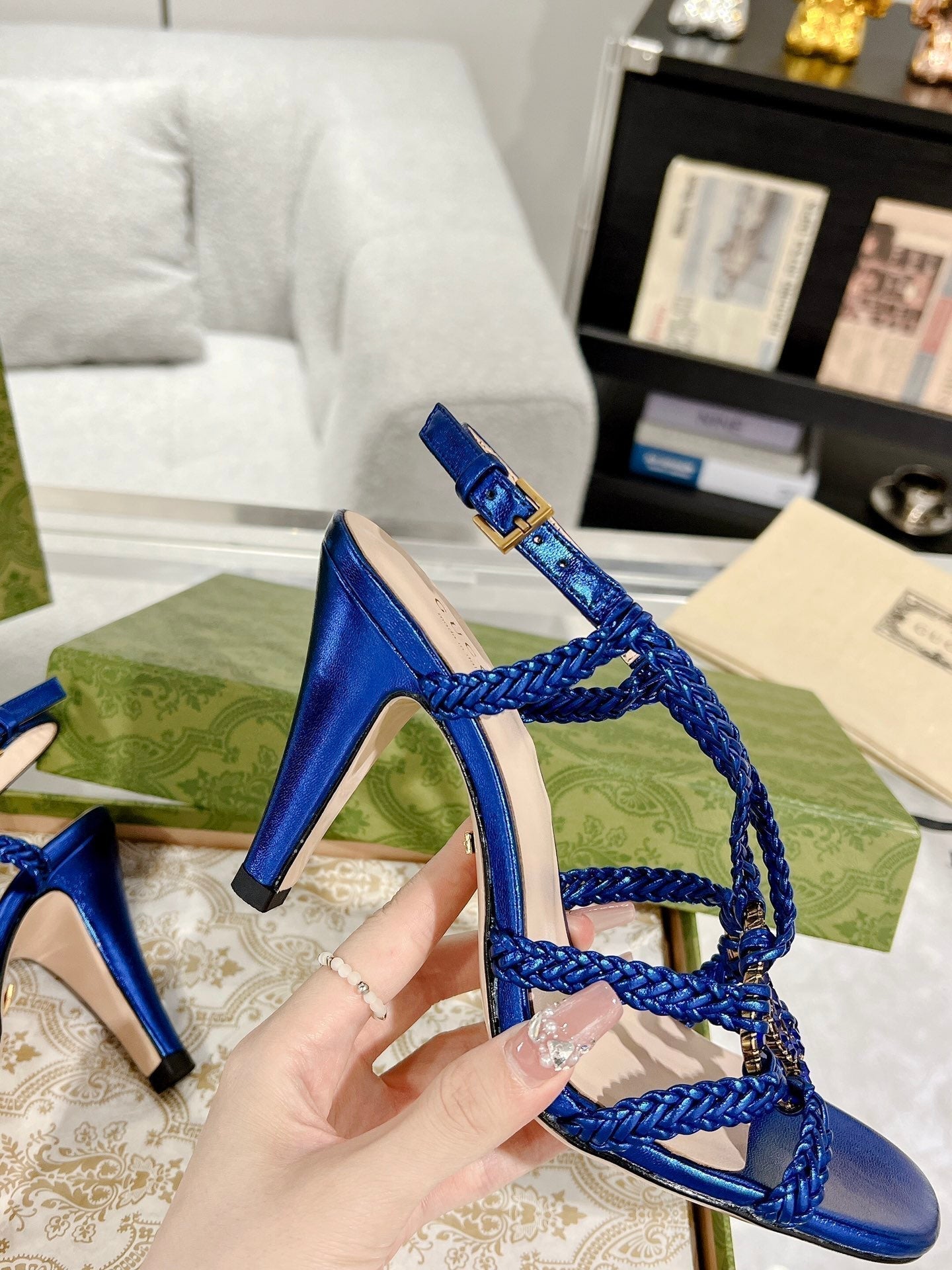 GUCCI CRYSTAL HIGH HEEL SANDAL AZURE CALFSKIN SPECIAL