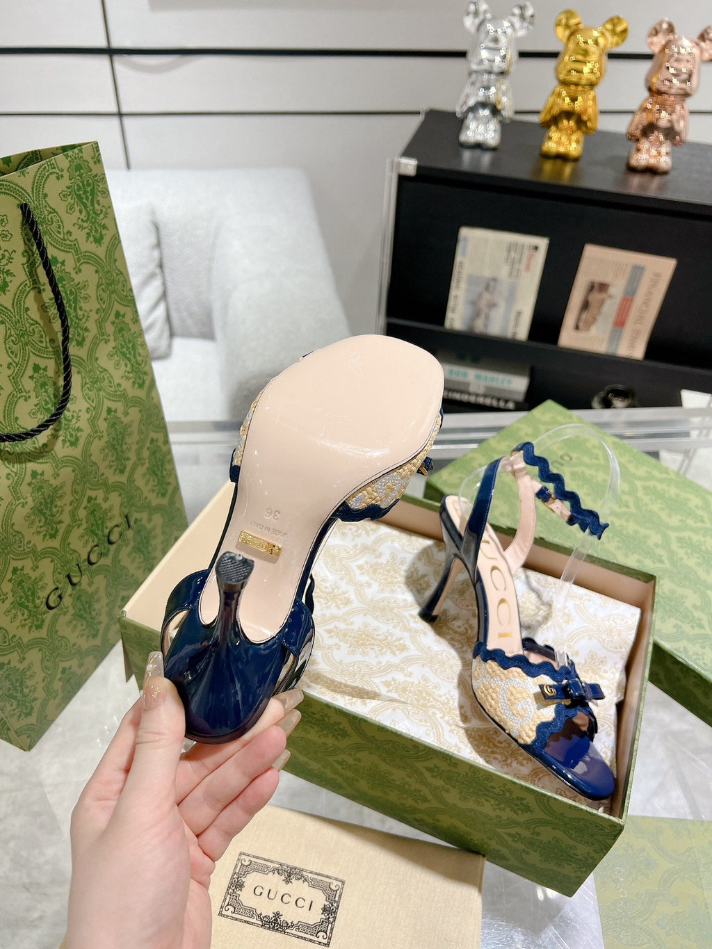 GUCCI HIGH - HEEL SANDAL AZURE FABRIC ATTACH BOW