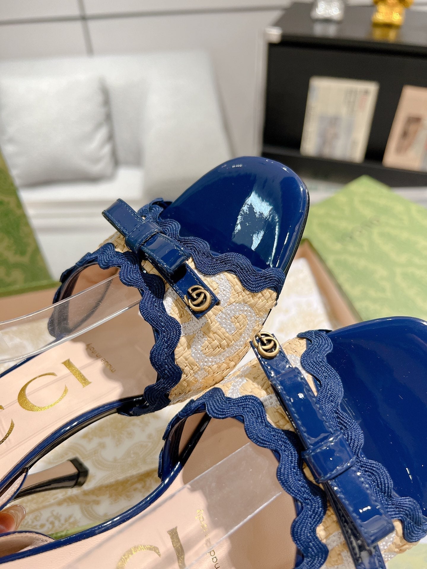 GUCCI HIGH - HEEL SANDAL AZURE FABRIC ATTACH BOW