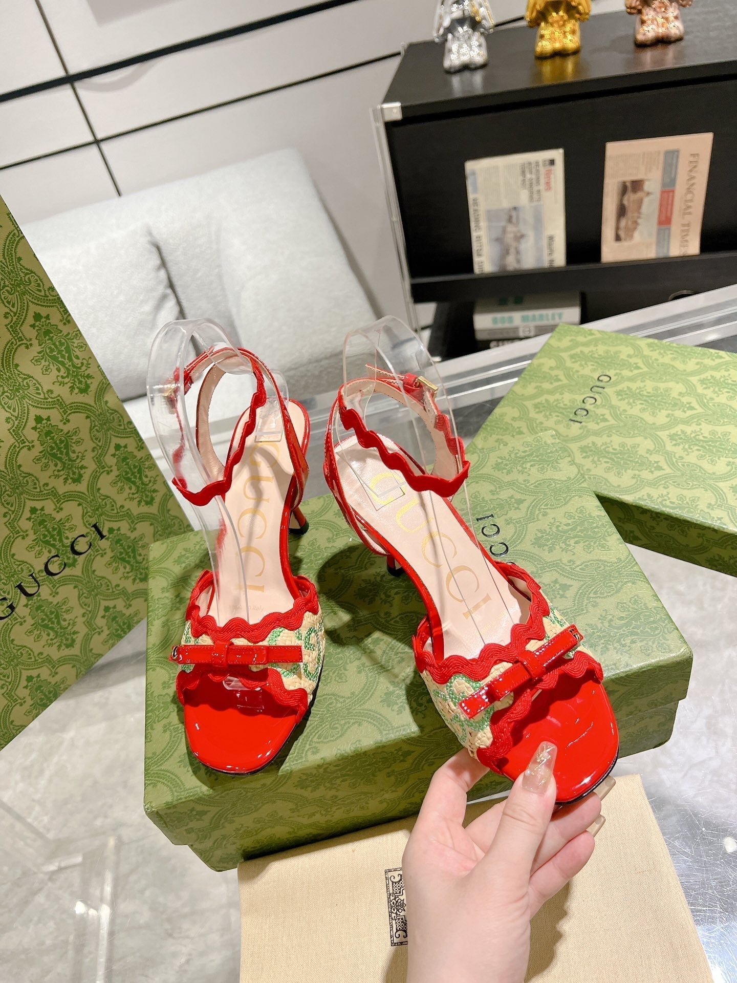 GUCCI HIGH - HEEL SANDAL CRIMSON FABRIC ATTACH BOW