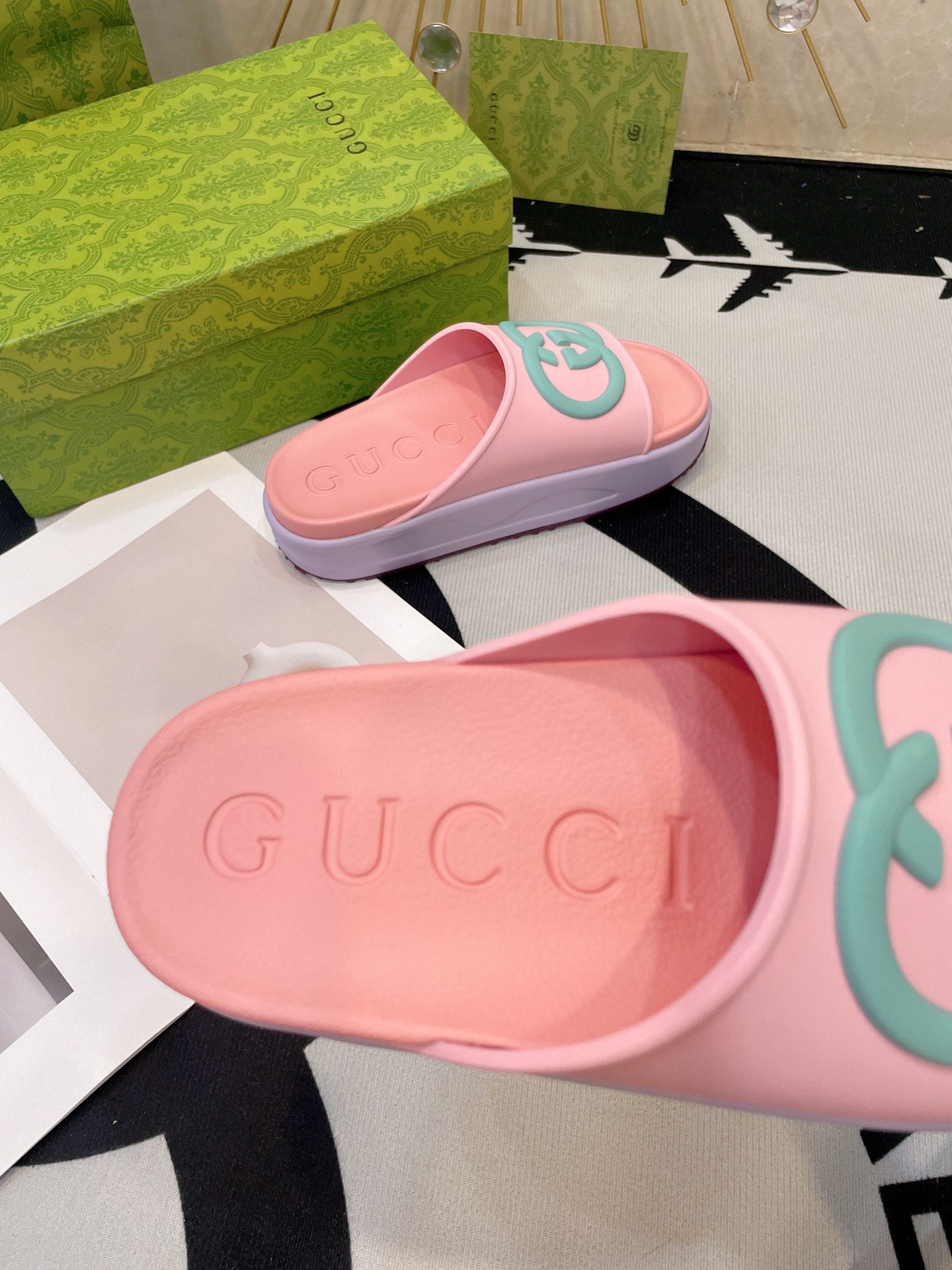 GUCCI INTERLOCKING G SLIDE SANDAL IN BABY PINK IMPORTED TPU