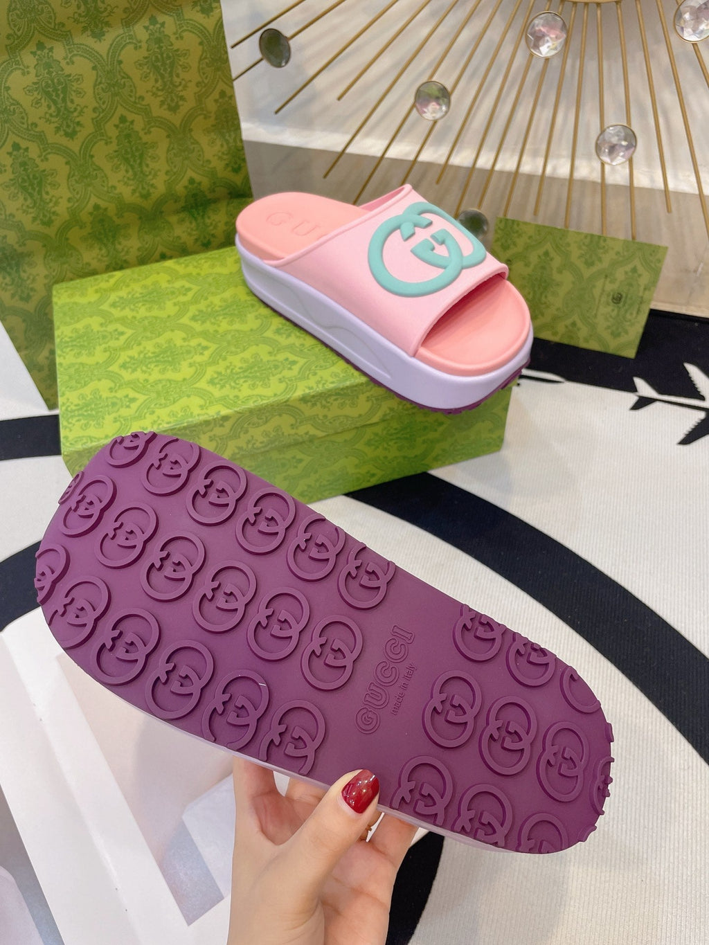 GUCCI INTERLOCKING G SLIDE SANDAL IN BABY PINK IMPORTED TPU