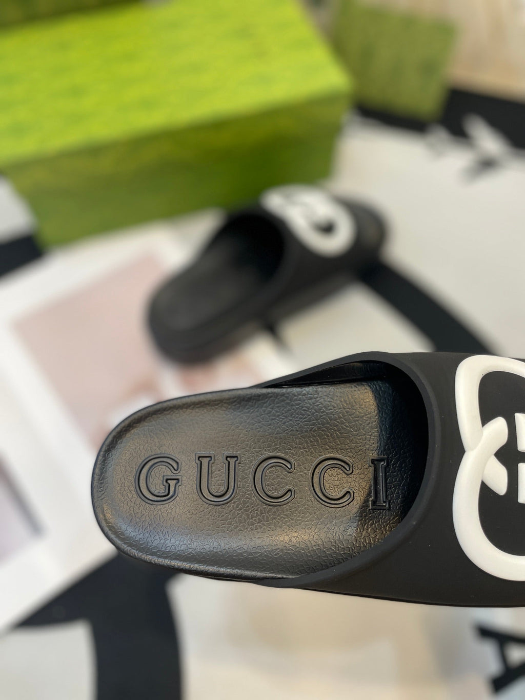 GUCCI INTERLOCKING G SLIDE SANDAL IN BLACK IMPORTED TPU