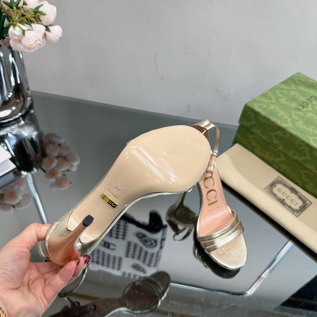 GUCCI 105 HIGH HEEL SANDAL METALLIC GOLD LAMBSKIN
