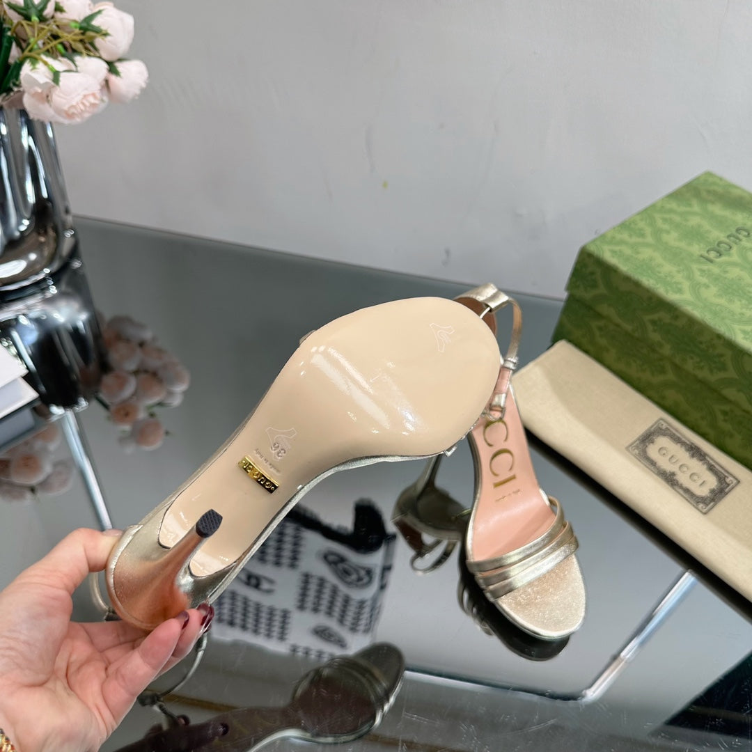 GUCCI 105 HIGH HEEL SANDAL METALLIC GOLD LAMBSKIN