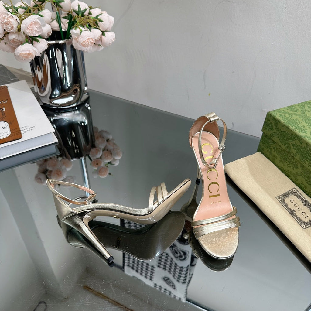 GUCCI 105 HIGH HEEL SANDAL METALLIC GOLD LAMBSKIN
