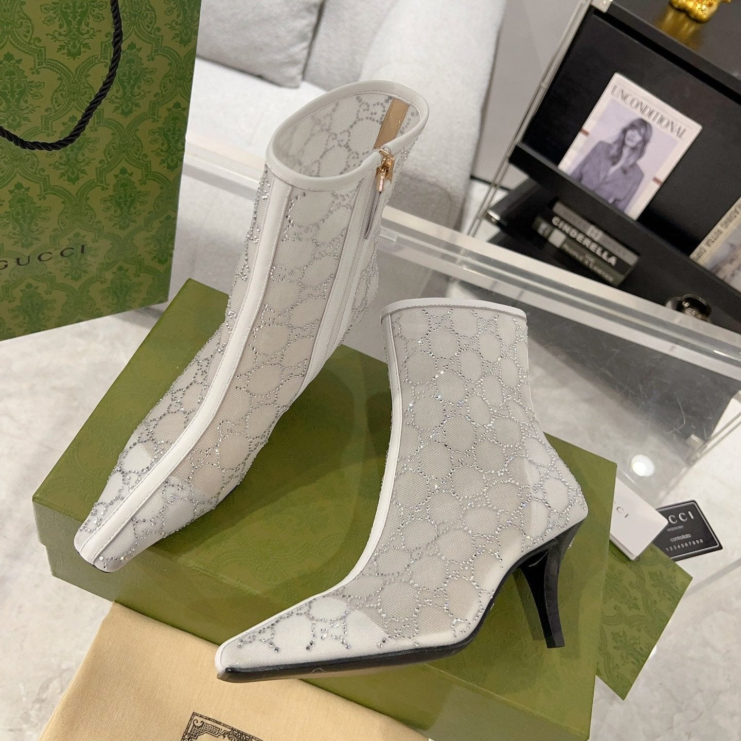 GUCCI ANKLE BOOTS IN WHITE MESH AND SHEEPSKIN WITH CRYSTALS