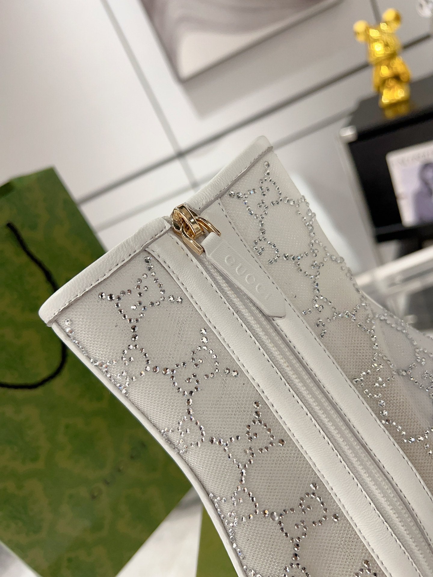 GUCCI ANKLE BOOTS IN WHITE MESH AND SHEEPSKIN WITH CRYSTALS