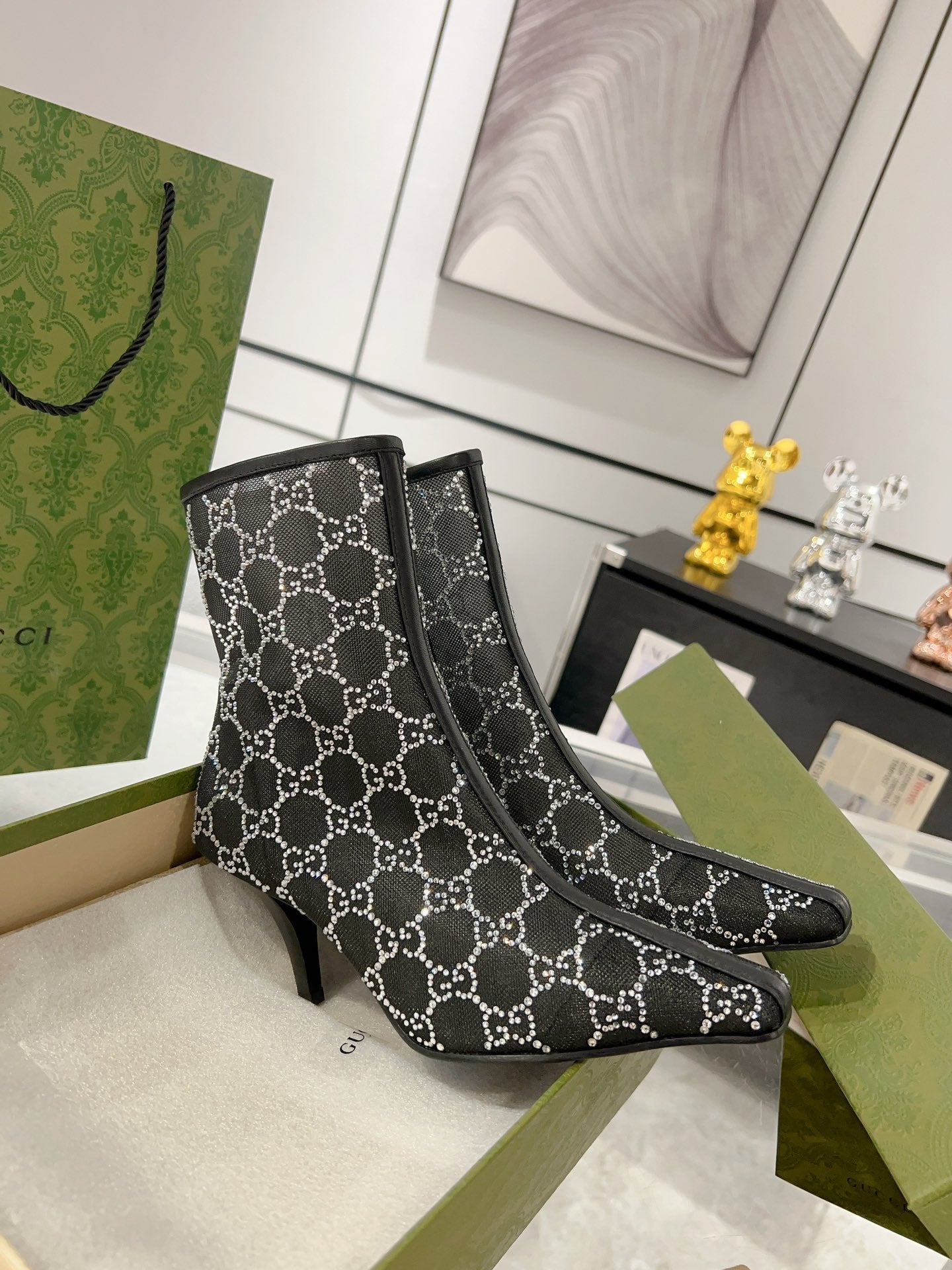 GUCCI ANKLE BOOTS IN BLACK MESH AND SHEEPSKIN WITH CRYSTALS
