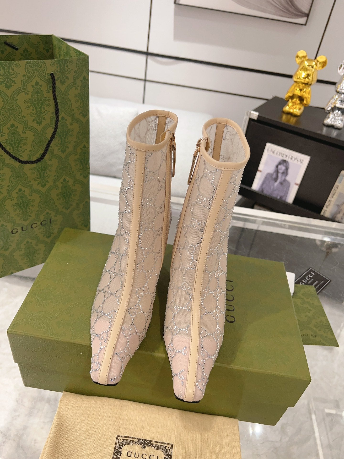 GUCCI ANKLE BOOTS IN BEIGE MESH AND SHEEPSKIN WITH CRYSTALS