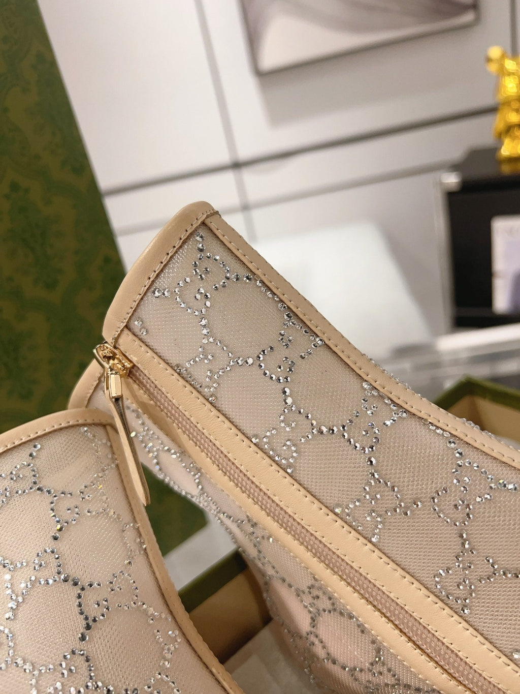 GUCCI ANKLE BOOTS IN BEIGE MESH AND SHEEPSKIN WITH CRYSTALS