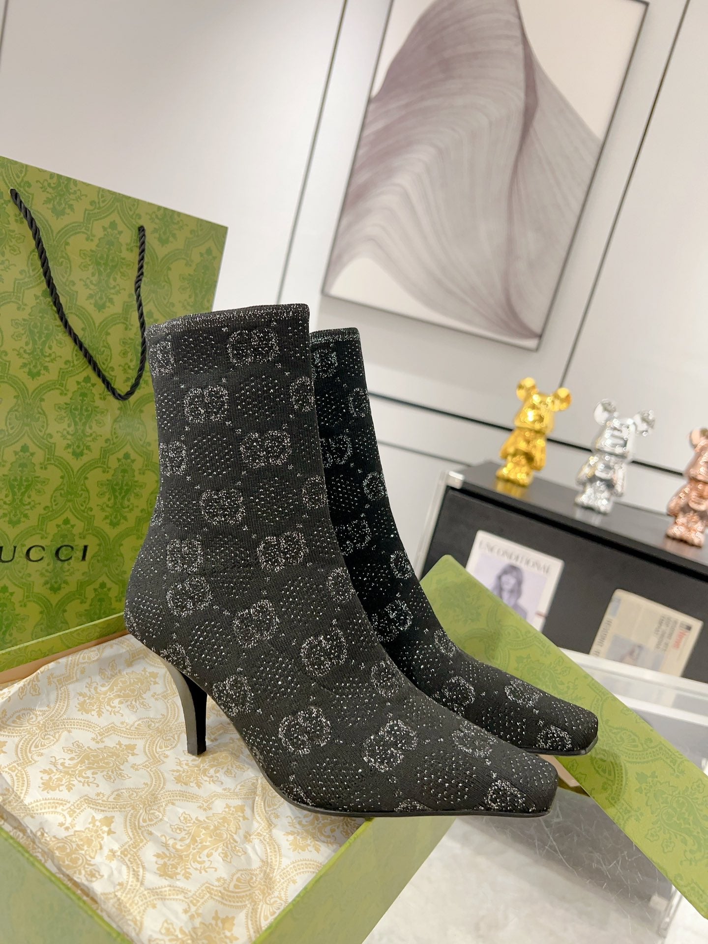 GUCCI ANKLE BOOTS IN BLACK KNITTED FABRIC