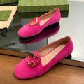 GUCCI BLONDIE LOGO-PLAQUE LOAFERS IN FUSCIA PINK SUEDE WITH GOLD HARDWARE