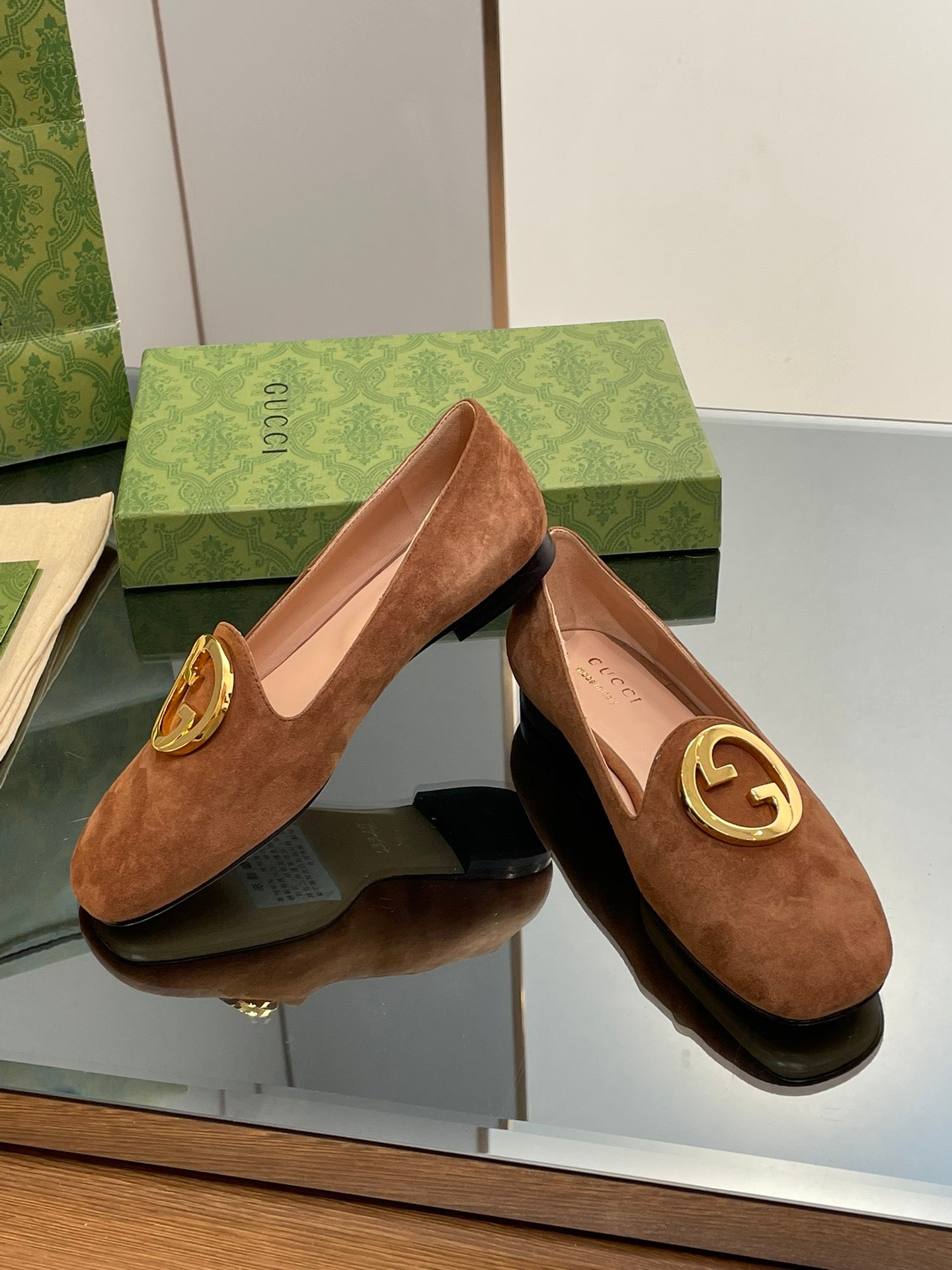 GUCCI BLONDIE LOGO-PLAQUE LOAFERS IN BRONZE BROWN SUEDE WITH GOLD HARDWARE