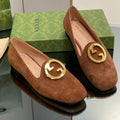 GUCCI BLONDIE LOGO-PLAQUE LOAFERS IN BRONZE BROWN SUEDE WITH GOLD HARDWARE