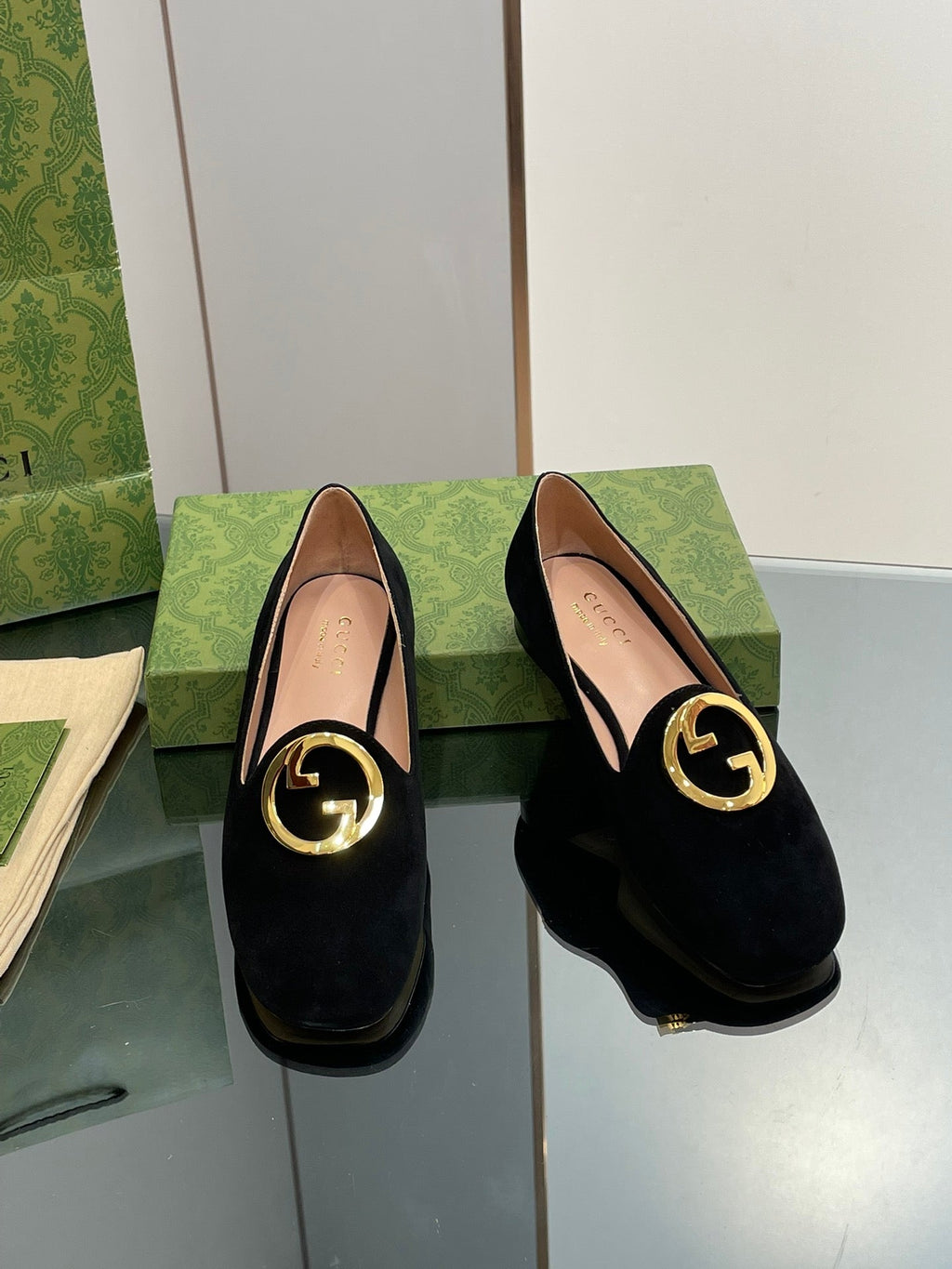 GUCCI BLONDIE LOGO-PLAQUE LOAFERS IN BLACK SUEDE WITH GOLD HARDWARE